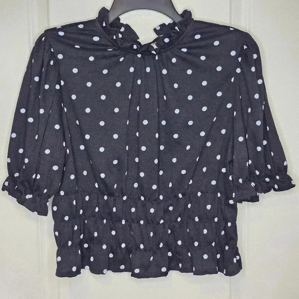 Who What Wear Blouse Black Size Large Polka Dot Puff Sleeve Smocked Casual - Picture 3 of 11